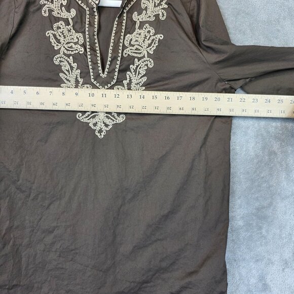I. Magnin Shirt Womens Medium Brown Embroidered Tunic Boho 3/4 Sleeve Split Neck - Picture 6 of 10